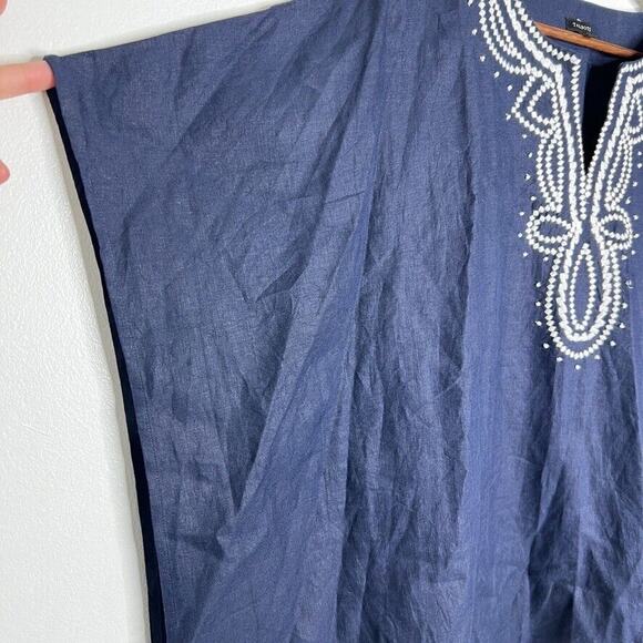 Talbots Navy Blue 100% Linen Embroidered Poncho V-neck Poncho Top L Women's - Picture 8 of 12